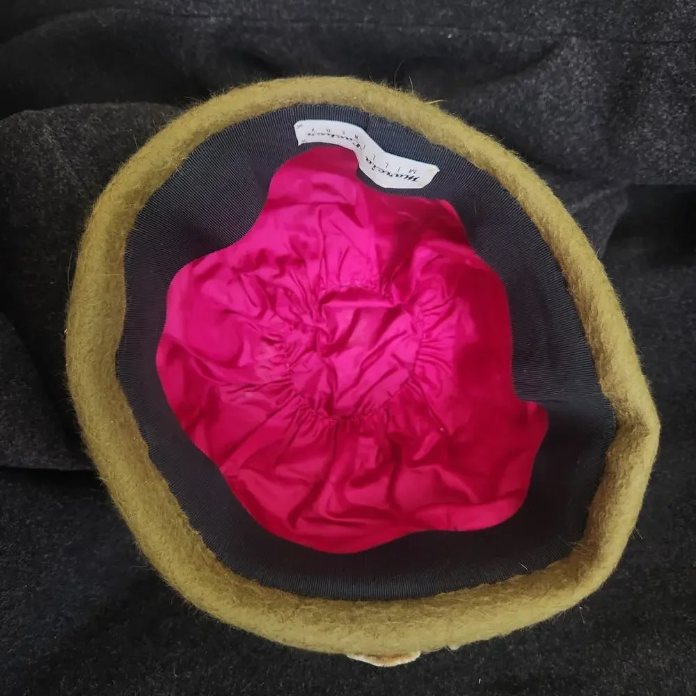 Vintage Marcia Lacher Millinery Felt Hat Floral Detal Hot Pink Lining Green GUC